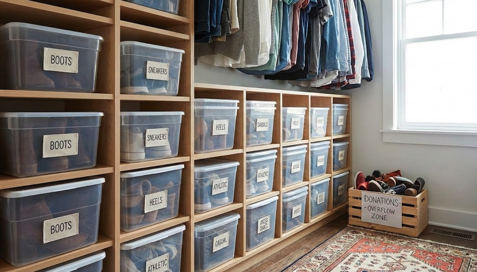 Shoe storage solutions with labeled bins and donation section in family closet