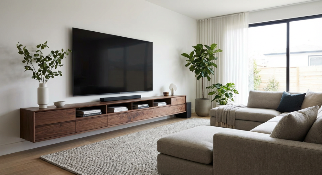 Extra-wide floating TV stand for large 100 inch TV in modern family room