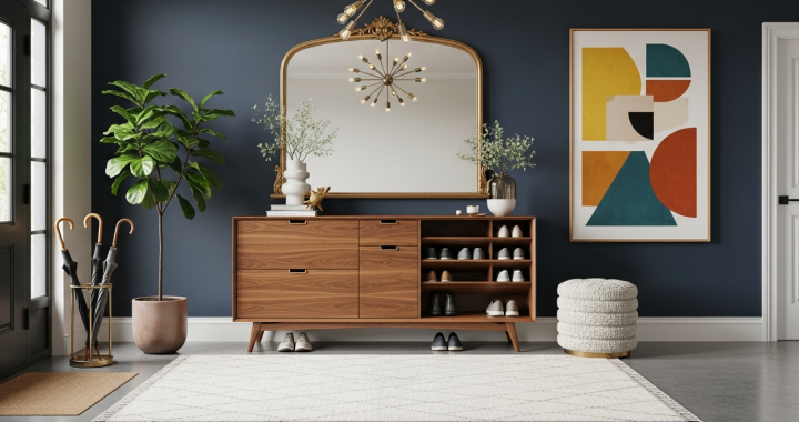 Mid-century modern wood shoe cabinet with drawers and shelves against a dark blue wall in a stylish entryway.