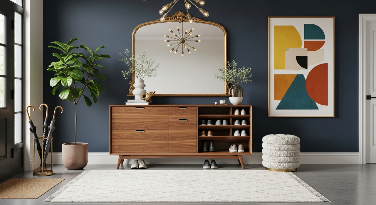 Mid-century modern wood shoe cabinet with drawers and shelves against a dark blue wall in a stylish entryway.