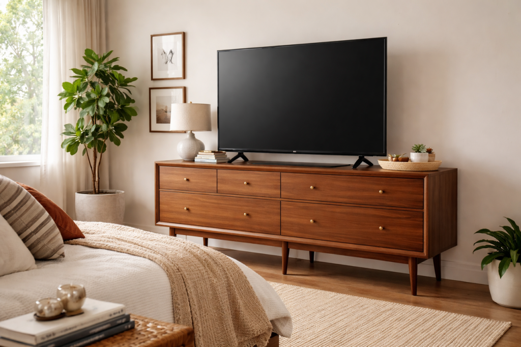 Using a wide dresser as a TV stand in a master bedroom layout