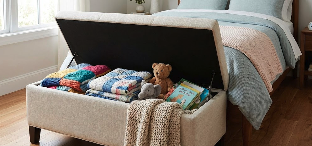 Bedroom storage bench hiding clutter in a busy family bedroom