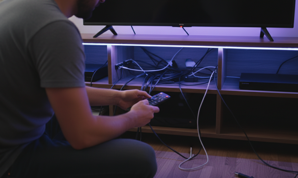 Installing TV stand with LED lights and organizing cables