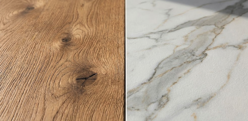 Modern dining table materials comparison between solid wood and sintered stone