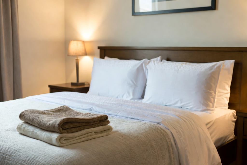 Comfortable guest room bedding setup creating a 5-star sleep experience for holiday visitors