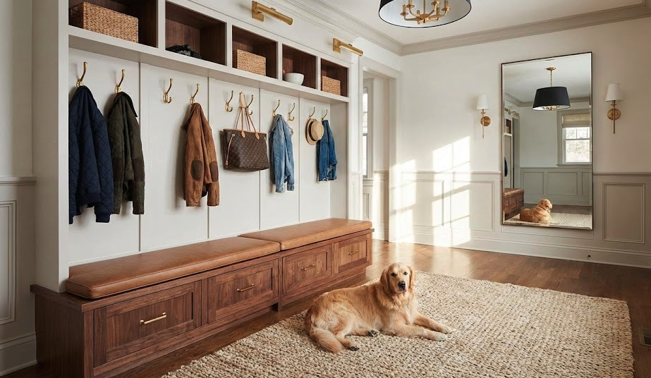 Pet-friendly shoe storage solutions bench in real-life family entryway