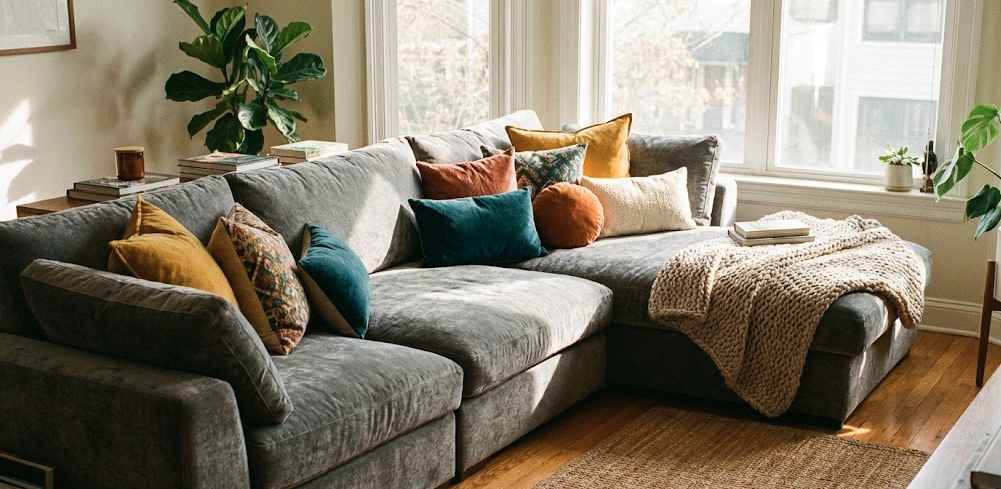 Durable performance fabric sofa in a family living room setting