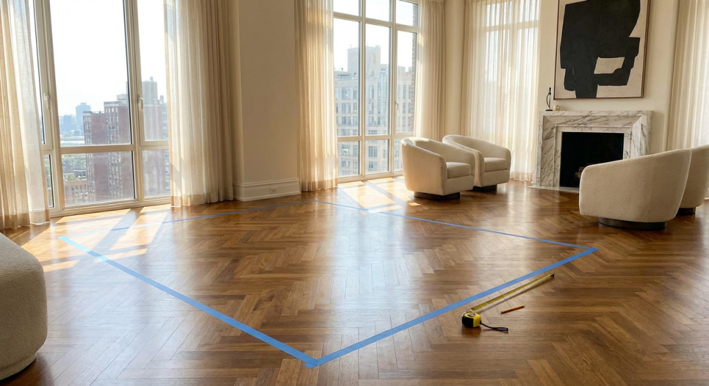 homeowner using painter's tape to visualize deep couch size in living room