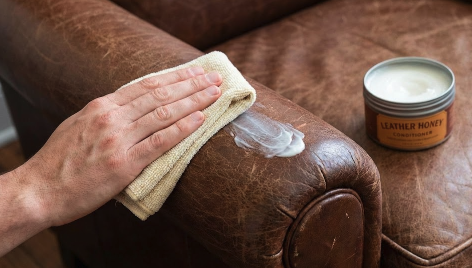 Maintenance of leather sofa applying conditioner to prevent cracking
