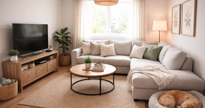 Small living room with sectional sofa, compact TV stand, toys basket, and a dog bed in the corner