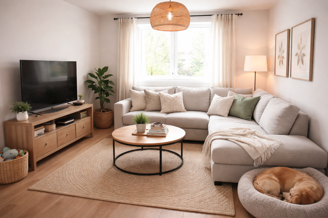 Small living room with sectional sofa, compact TV stand, toys basket, and a dog bed in the corner
