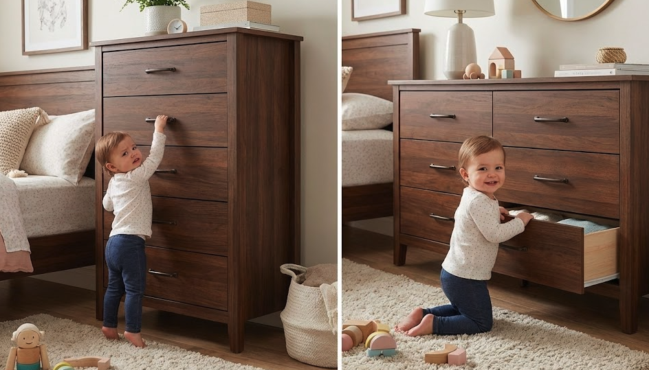 Child safety comparison showing height advantage of chest of drawers vs low dresser