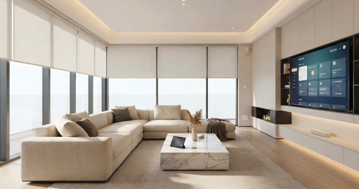 Modern minimalist living room featuring beige sectional sofa, marble coffee table, automated blinds, smart control panel, and built-in fireplace.