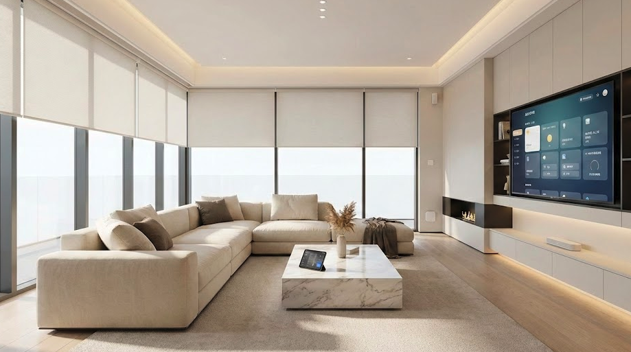 Modern minimalist living room featuring beige sectional sofa, marble coffee table, automated blinds, smart control panel, and built-in fireplace.