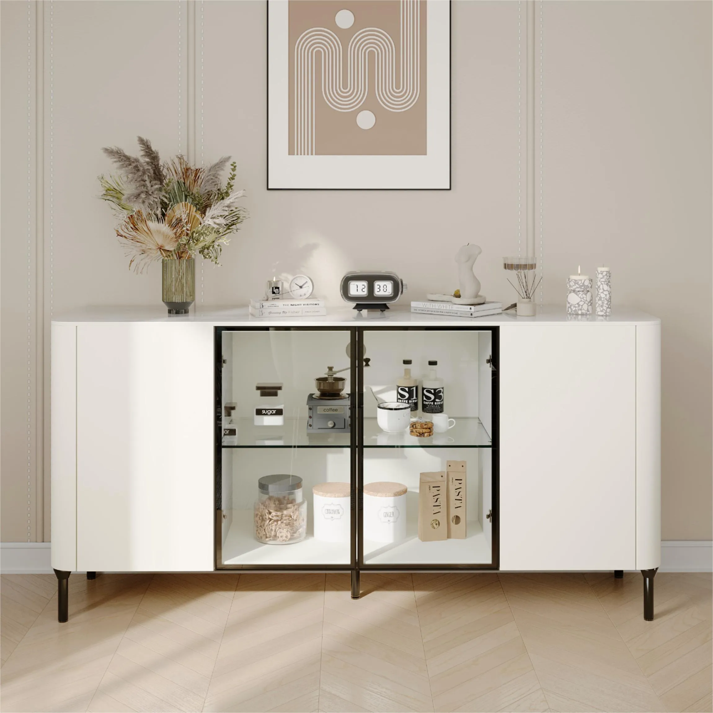 63'' Modern White Storage Cabinet with Sintered Stone Top