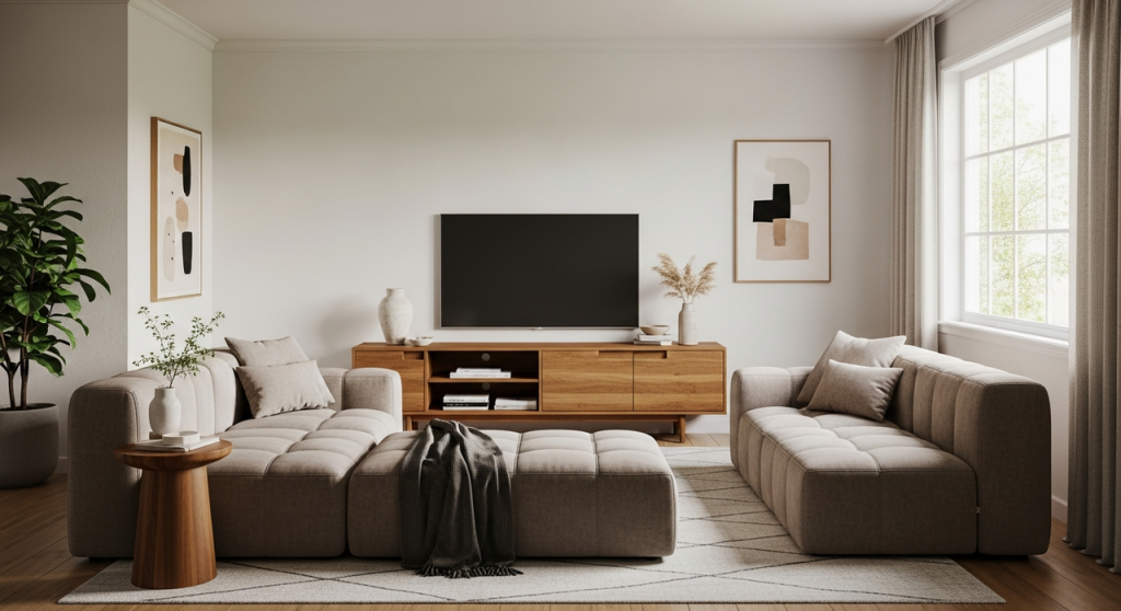 Mid-range living room makeover with modular sofa and solid wood furniture