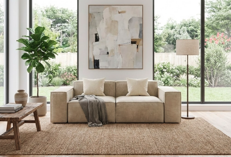 Modern living room with beige modular sofa, jute rug, and rustic coffee table in natural light from large windows.