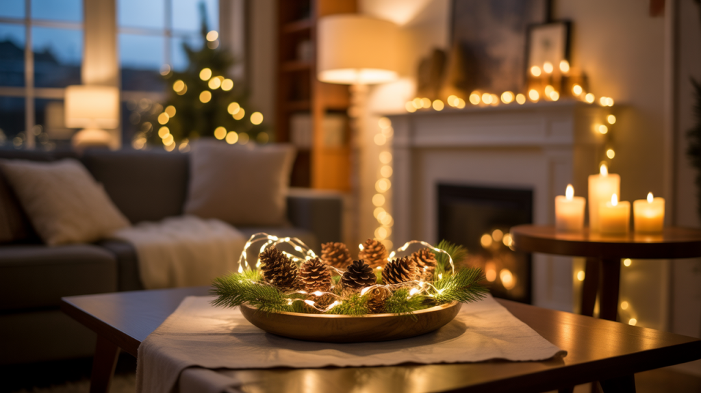 warmly lit holiday living room with simple decor, layered lighting, and family-friendly furnishings