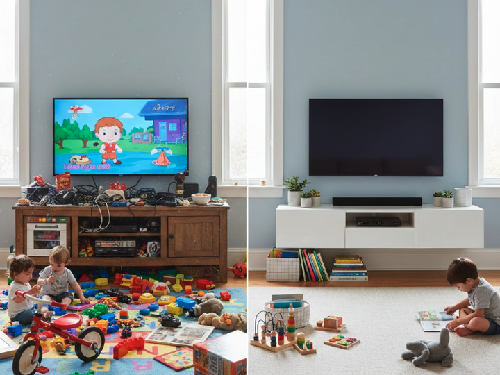 Floating TV console hiding cables and clutter in a busy family living room