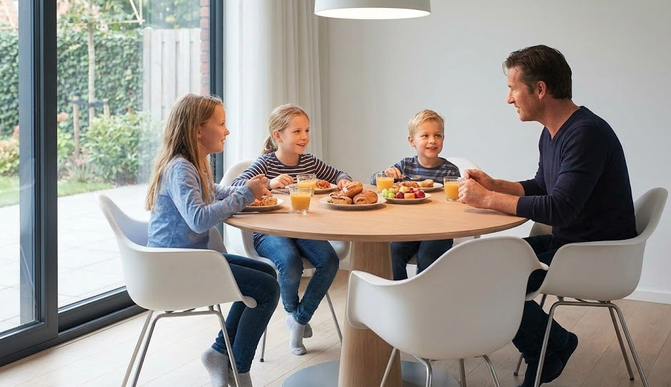 Happy father and three children eating breakfast at a round wooden table in a bright, modern dining room with garden view.