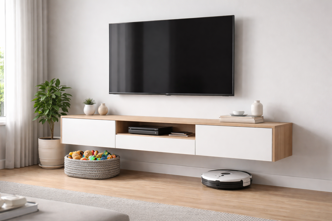 Floating TV stand vs floor TV stand in small living room for busy parents