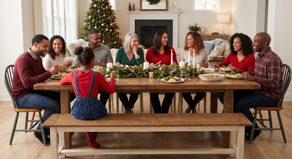 ergonomic christmas dining table setup with comfy seating and uncluttered tabletop