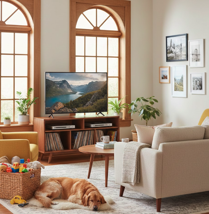 mid century modern TV stand in walnut in a busy family living room