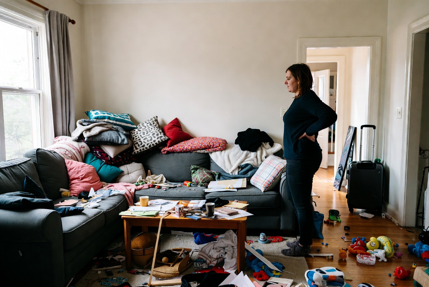 Busy homeowner starting to prepare home for holiday guests with toys and clutter in living room