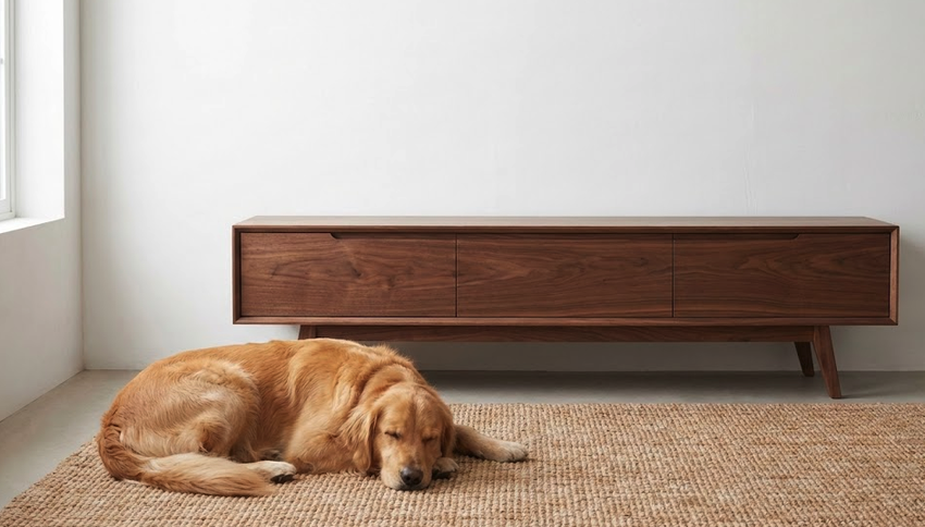 Mid-century modern TV stand solid wood with tapered legs and clean lines in a living room