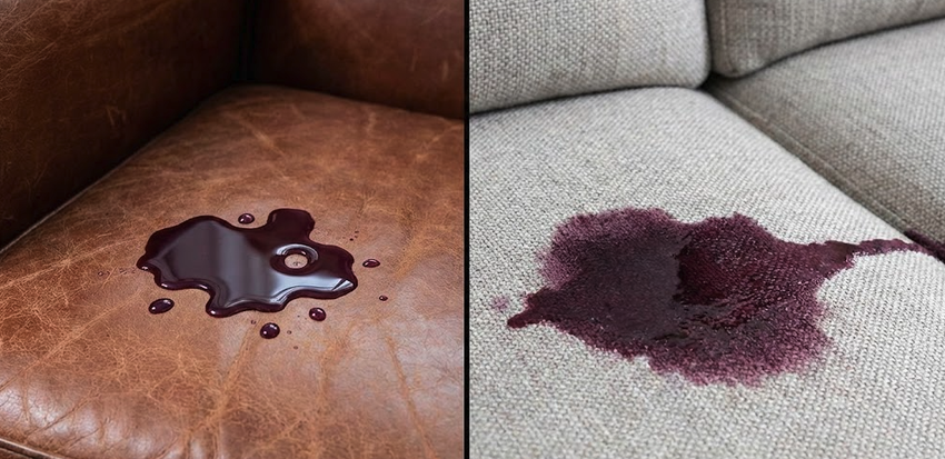 Grape juice spill test comparing leather vs fabric sofa clean up time