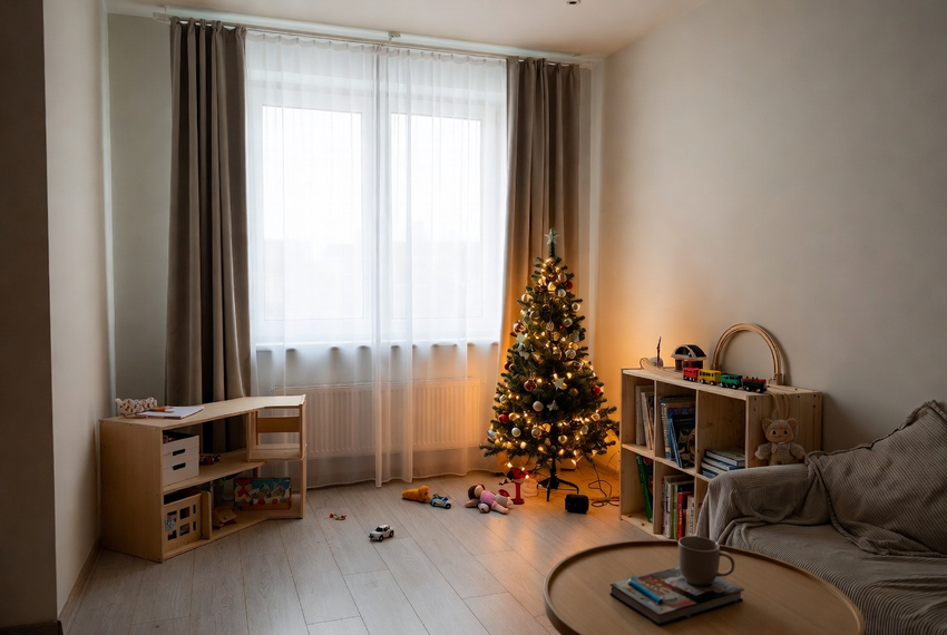 slim pre-lit christmas tree in small living room next to TV stand for busy families