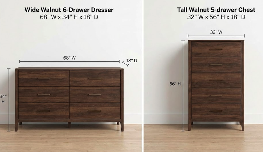 Dresser vs Chest of Drawers size comparison chart showing height and width differences for small bedrooms
