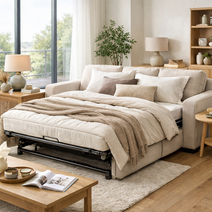 Beige electric convertible sofa bed unfolded to reveal the automated mechanism and bedding in a warm, cozy room.