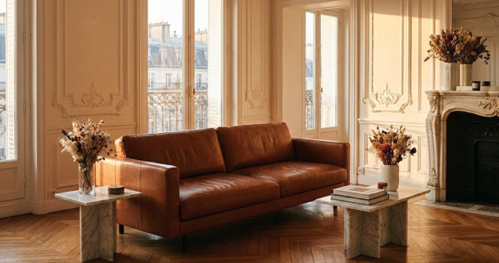 Warm-toned leather sofa in an elegant Parisian-style living room with tall windows, ornate molding, and marble tables.