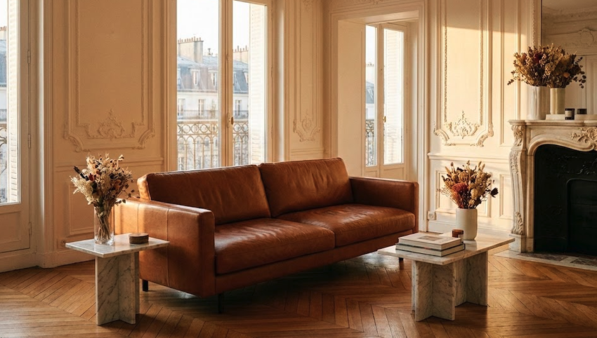 Warm-toned leather sofa in an elegant Parisian-style living room with tall windows, ornate molding, and marble tables.
