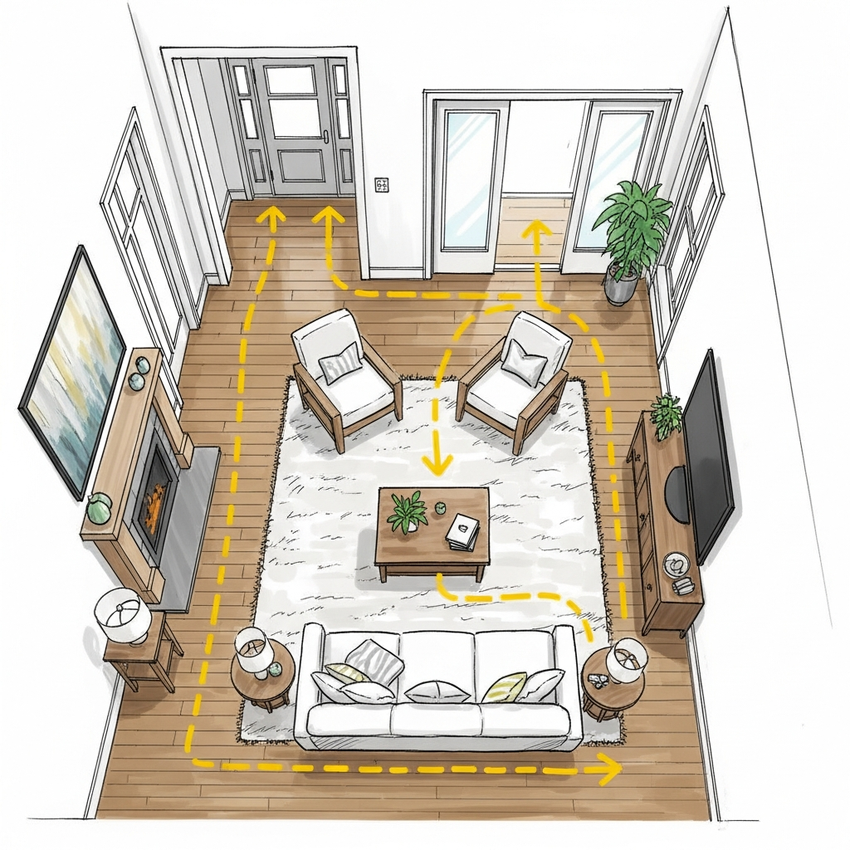 holiday living room layout showing clear traffic flow between sofa, coffee table, and entry