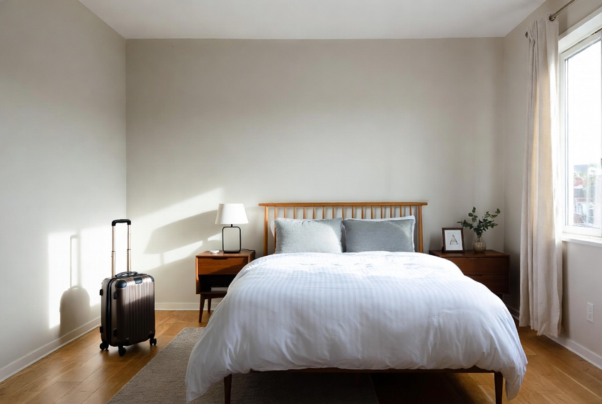 Minimalist guest room setup to prepare home for holiday guests with clean bed and luggage stand