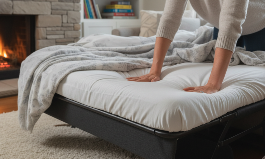 hand testing mattress thickness on a sleeper sofa for real comfort
