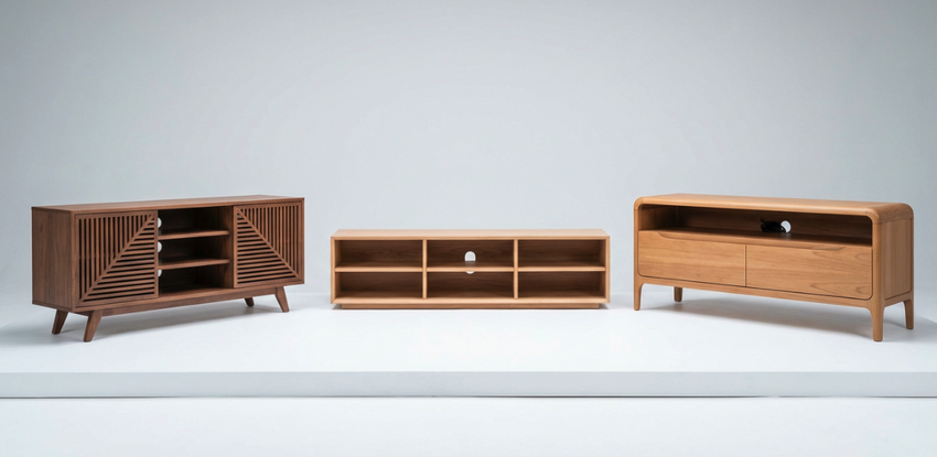 comparison of mid century modern, Scandinavian, and Danish modern TV stands for family homes