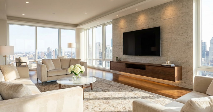 Modern living room with floor-to-ceiling windows, beige sofas, a marble coffee table, and a floating wooden TV console.
