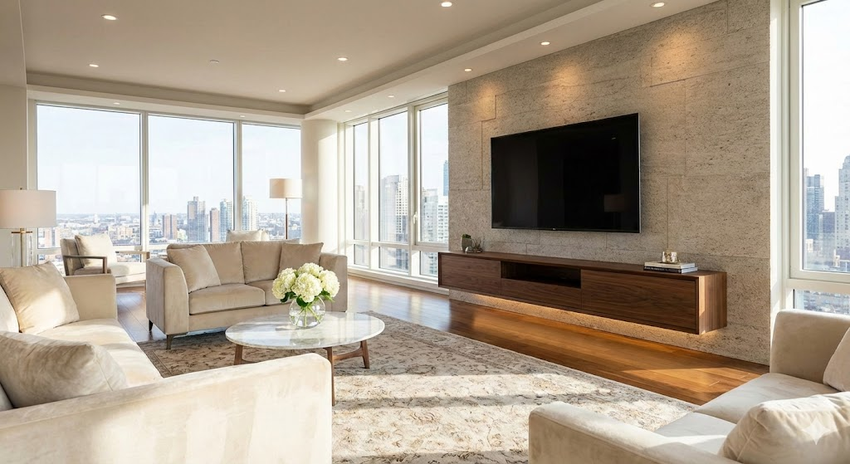 Modern living room with floor-to-ceiling windows, beige sofas, a marble coffee table, and a floating wooden TV console.