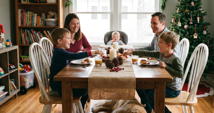 christmas dining table setup for busy families with simple decor and sturdy wood table