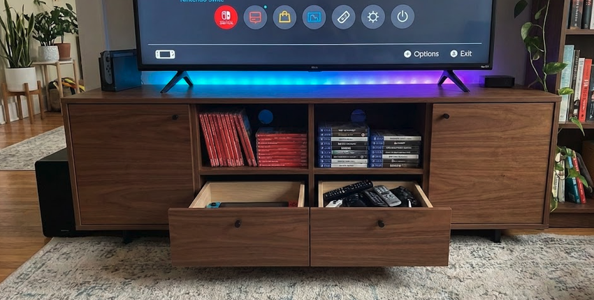 LED TV stand with storage for busy families