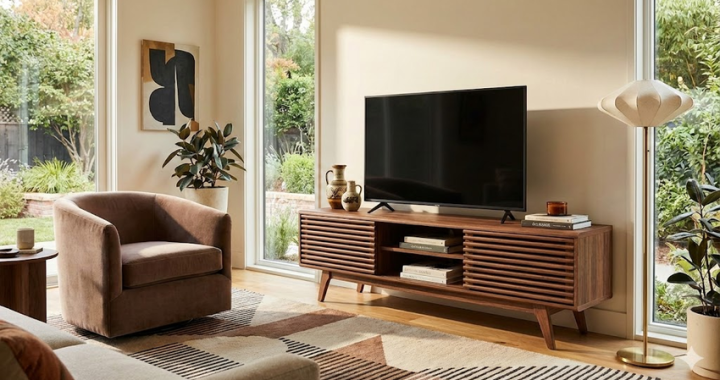 Mid-century modern living room with large windows, walnut slatted TV stand, flat-screen TV, brown velvet armchair, indoor plants, abstract art, and floor lamp