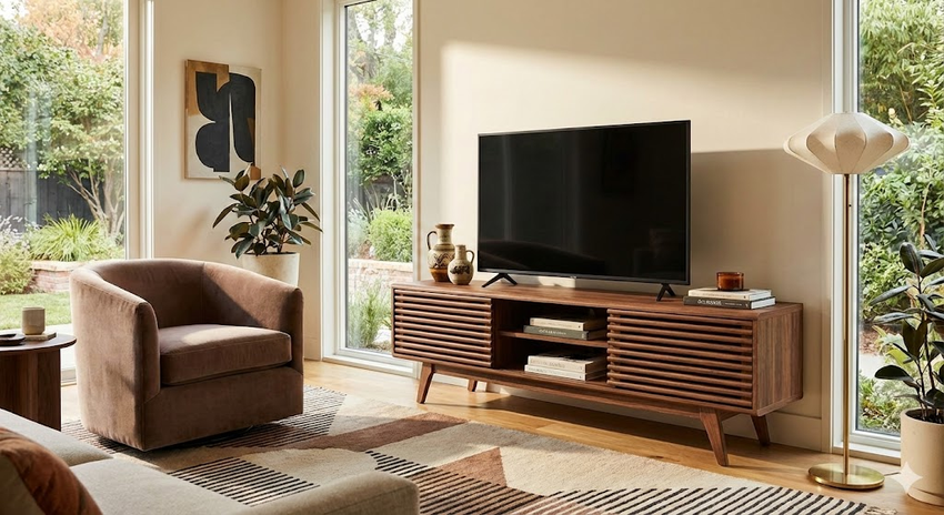 Mid-century modern living room with large windows, walnut slatted TV stand, flat-screen TV, brown velvet armchair, indoor plants, abstract art, and floor lamp