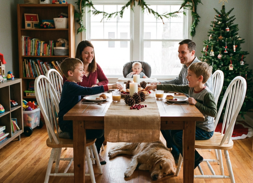 christmas dining table setup for busy families with simple decor and sturdy wood table