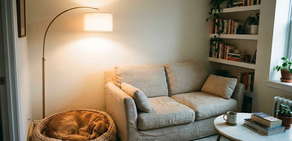 Loveseat in compact living room for parents and pets