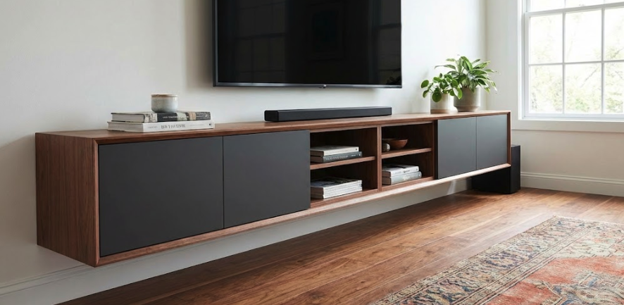 wall-mounted tv stand for small living room freeing up floor space