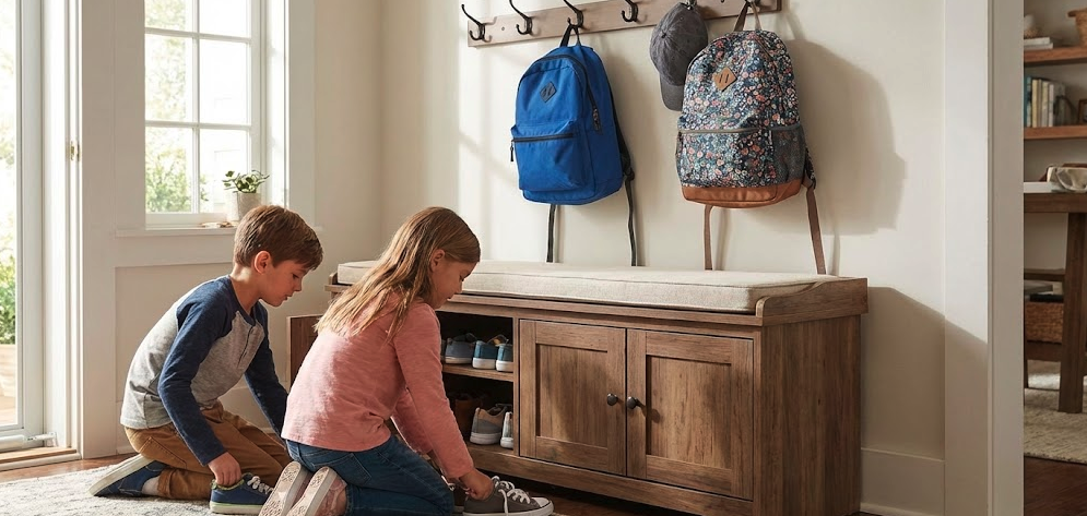 Shoe storage solutions bench in family entryway with kids organizing sneakers