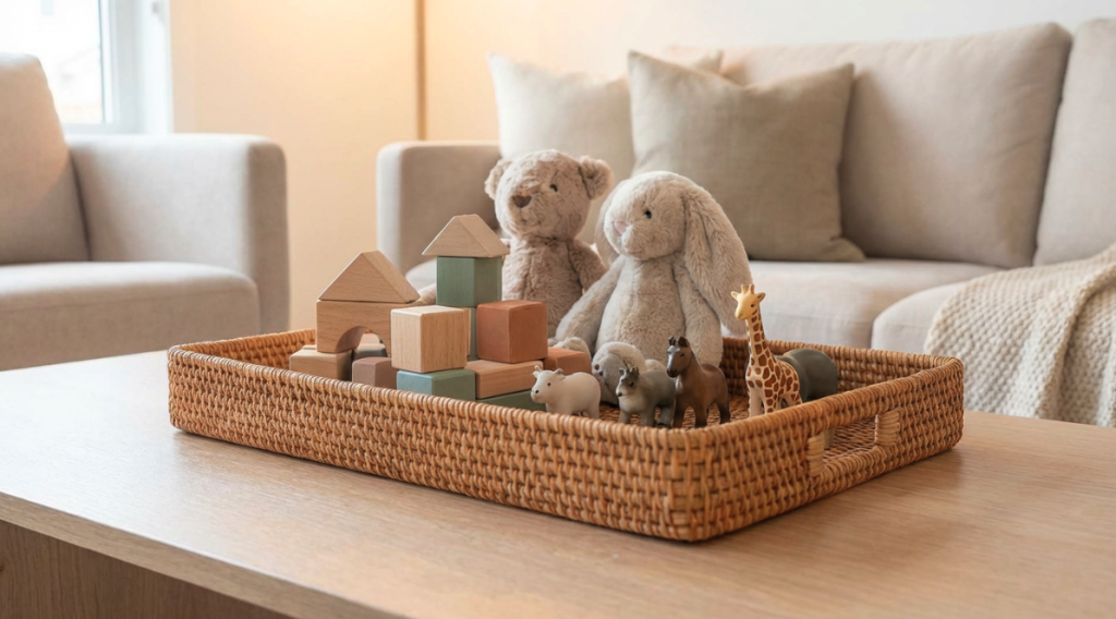 Kid- and pet-friendly living room prepared for holiday guests with clutter stored in baskets